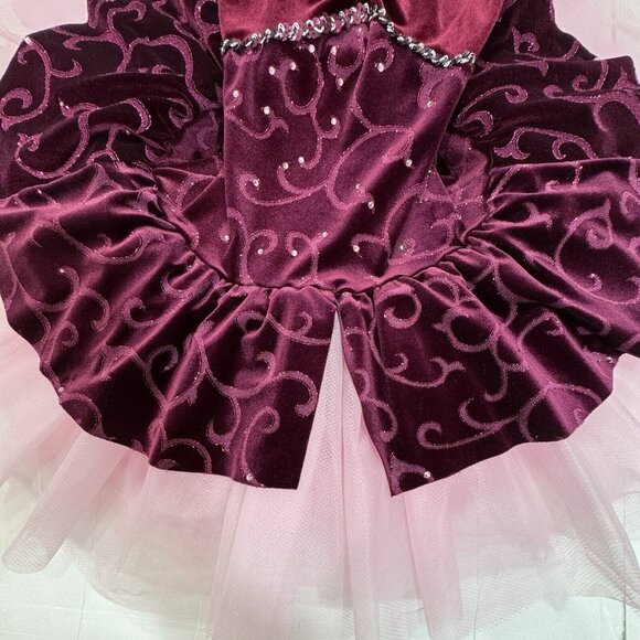 Ballet Dance Dress Costume‎ Girls 6/8 Yrs Burgundy Velvet Rhinestone Swirls Tutu - Picture 8 of 14